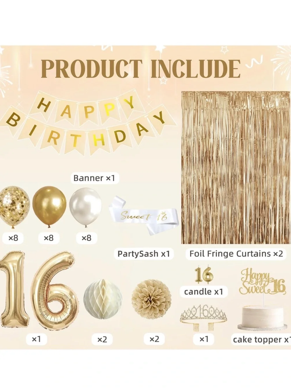 Gold Sweet 16 Party Decoration Kit - 16th Birthday Banner & Balloons